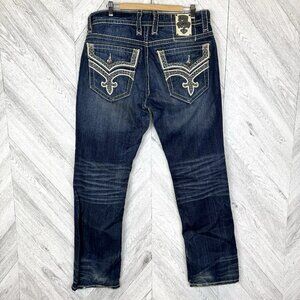 Rock Revival Jeans Mens Size 36x34 ILION Straight Denim Thick Stitch Flap Pocket